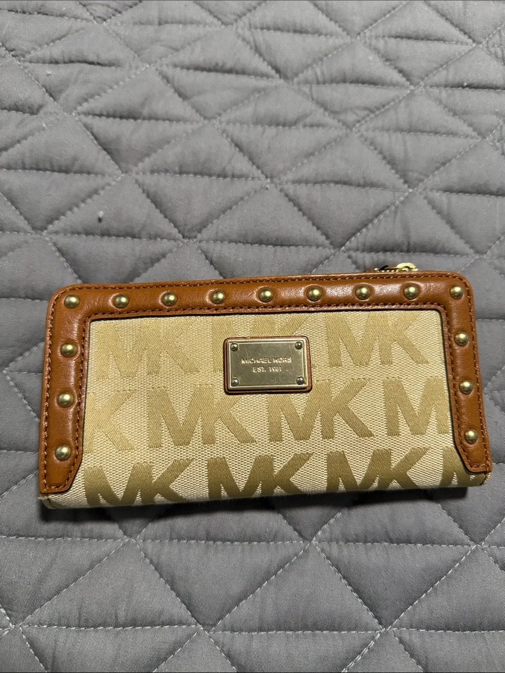 Michael Kors Beige Canvas MK Continental Wallet with Brown Leather Trim
